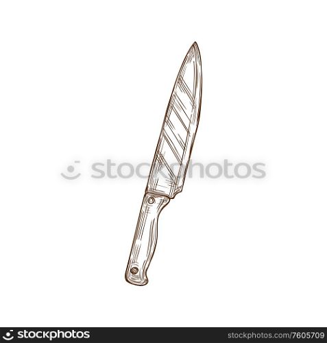 Knife kitchen cutting tool isolated cutlery sketch. Vector long blade butchers knife from stainless steel. Stainless steel knife isolated kitchen tool