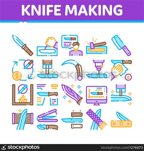 Knife Making Utensil Collection Icons Set Vector. Sharpening And Machine Knife Making, Sizes On Web Site And Characteristics Concept Linear Pictograms. Color Contour Illustrations. Knife Making Utensil Collection Icons Set Vector