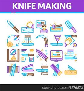 Knife Making Utensil Collection Icons Set Vector. Sharpening And Machine Knife Making, Sizes On Web Site And Characteristics Concept Linear Pictograms. Color Contour Illustrations. Knife Making Utensil Collection Icons Set Vector