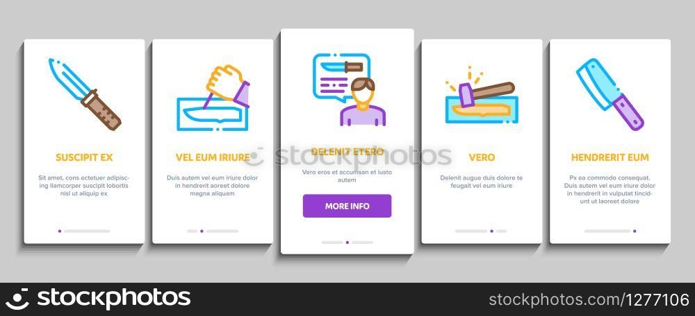 Knife Making Utensil Onboarding Mobile App Page Screen Vector. Sharpening And Machine Knife Making, Sizes On Web Site And Characteristics Concept Linear Pictograms. Color Contour Illustrations. Knife Making Utensil Onboarding Elements Icons Set Vector