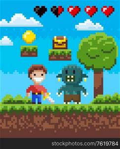 Knight and greek war outdoor, superheroes standing on ground with green tree and grass, steps with box and coin, screen of pixel game, battle vector. Platformer video-game. 8 bit pixelated app gemes. Screen of Pixel Game, Knight Hero and Geek Vector