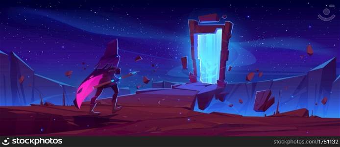 Knight and magic portal in stone frame on mountain landscape at night. Vector cartoon fantasy illustration with man in medieval costume with spear and ancient arch with mystic blue glow. Knight and magic portal in stone frame at night