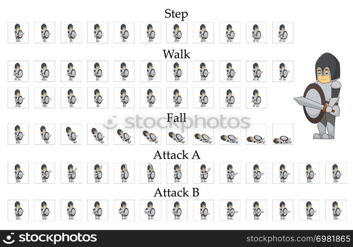 Knight character animation for 2d games. Movement of man in armor and with a sword.