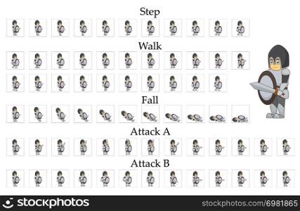 Knight character animation for 2d games. Movement of man in armor and with a sword.