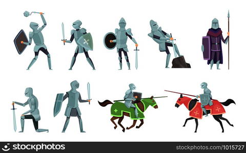 Knight. Chivalry prince medieval fighters brutal warriors on horse battle vector cartoon illustrations. Templar and equestrian, royal mediaeval horseman. Knight. Chivalry prince medieval fighters brutal warriors on horse battle vector cartoon illustrations