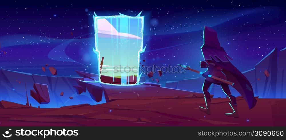 Knight go to magic portal on mountain ledge at night. Vector cartoon fantasy illustration with medieval magician with spear and mystic entrance to alien world. Knight go to magic portal at night