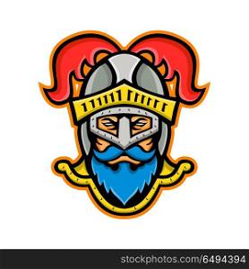 Knight Head Front Mascot. Mascot icon illustration of head of a viewed from knight wearing a helmet with ostrich plumage viewed from front on isolated background in retro style.. Knight Head Front Mascot