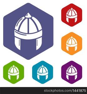 Knight helmet guard icons vector colorful hexahedron set collection isolated on white. Knight helmet guard icons vector hexahedron