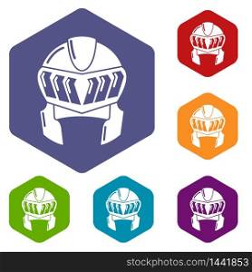 Knight helmet medieval icons vector colorful hexahedron set collection isolated on white. Knight helmet medieval icons vector hexahedron