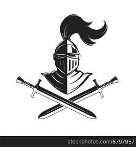 Knight helmet with two swords isolated on white background. Design elements for logo, label, emblem, sign, brand mark. Vector illustration.