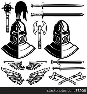 Knight helmets, swords, axes. Design elements for logo, label, emblem, sign. Vector illustration