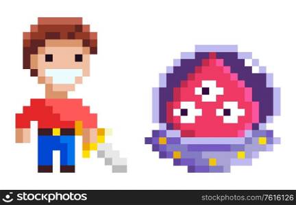 Knight holding steel and ufo characters element of pixel game, monster with eyes and cavalier with galive, geometric adversary, geometric hero vector. Adversary Knight and Ufo, Pixel Game, Hero Vector