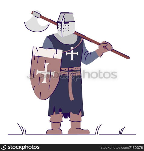 Knight in armor holding weapon flat vector illustration. Medieval hero isolated cartoon character with outline elements on white background. Crusader with shield and axe. Middle ages