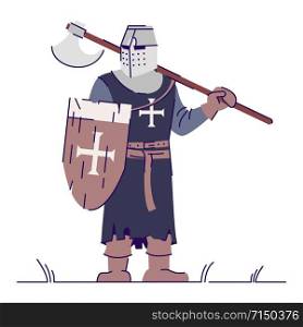 Knight in armor holding weapon flat vector illustration. Medieval hero isolated cartoon character with outline elements on white background. Crusader with shield and axe. Middle ages