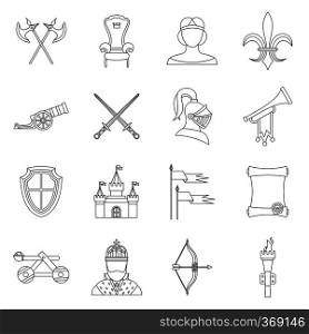 Knight medieval icons set in outline style. Middle ages warrior weapons set collection vector illustration. Knight medieval icons set, outline style.