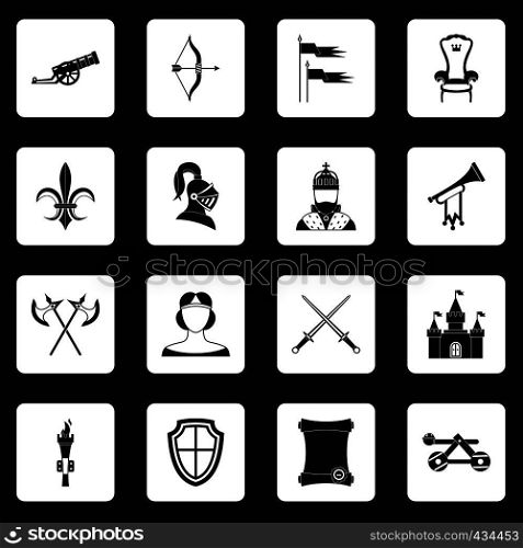 Knight medieval icons set in white squares on black background simple style vector illustration. Knight medieval icons set squares vector