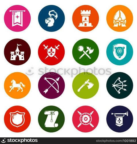 Knight medieval icons set vector colorful circles isolated on white background . Knight medieval icons set colorful circles vector