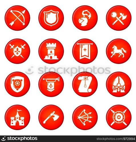 Knight medieval icons set vector red circle isolated on white background . Knight medieval icons set red vector