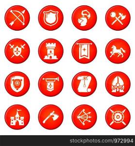 Knight medieval icons set vector red circle isolated on white background . Knight medieval icons set red vector