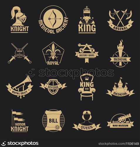 Knight medieval logo icons set. Simple illustration of 16 knight medieval logo vector icons for web. Knight medieval logo icons set, simple style