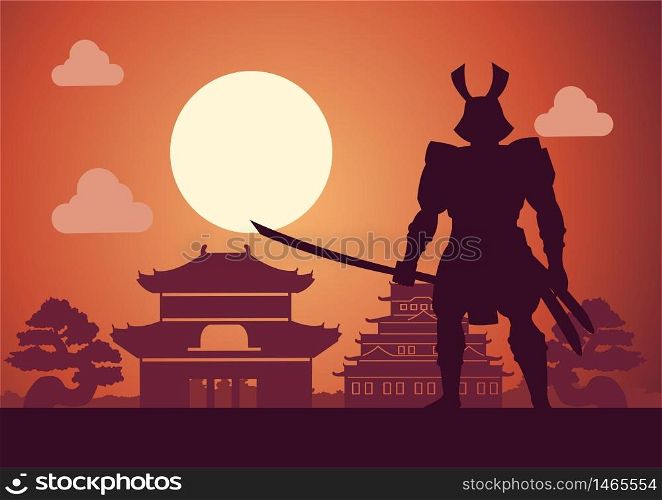 knight of japan called Samurai pose in front of castle mean to protect his respect place on sunset time,silhouette design,vector illustration