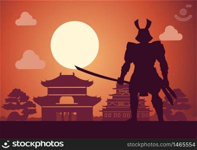 knight of japan called Samurai pose in front of castle mean to protect his respect place on sunset time,silhouette design,vector illustration