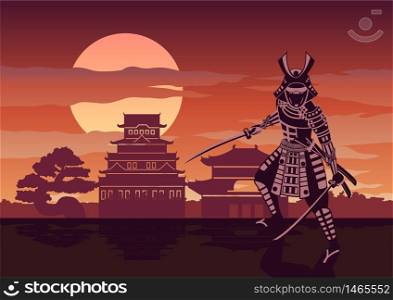 knight of japan called Samurai pose in front of castle with Japanese architecture mean to protect his respect place on sunset time,silhouette design,vector illustration