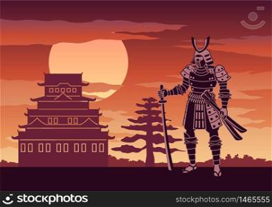 knight of japan called Samurai pose in front of castle with Japanese architecture mean to protect his respect place on sunset time,silhouette design,vector illustration