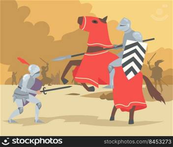 Knight on horse and dismount warrior fighting. Brave medieval solders men people in heavy steel armor. Flat vector illustration. Chivalry, antique history concept