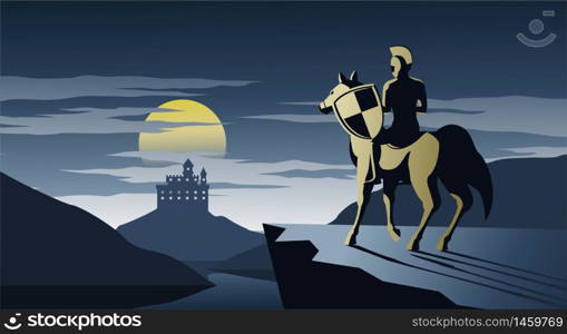 knight on horseback stand on cliff look to castle and try to go there,silent and scary night,silhouette design,vector illustration
