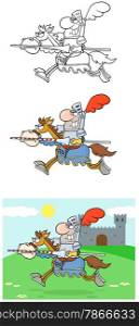 Knight Riding Horse Cartoon Mascot Characters- Collection