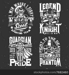 Knight warrior with sword t-shirt print sport team emblem, vector mockup. Heraldic medieval knight guardian in iron armor and helmet with victory fighting quotes for t-shirt print. Knight warrior with sword t-shirt print sport team