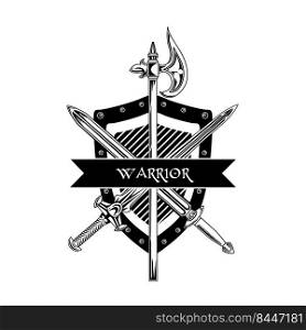 Knight weapon vector illustration. Crossed swords, ax, shield and warrior text. Guard and protection concept for emblems or badges templates