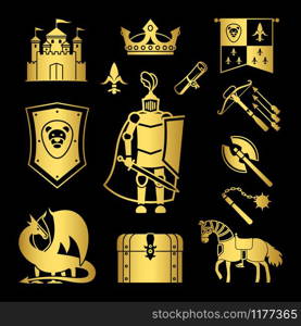 Knighthood in middle ages icons. Gold medieval ancient armor and coat of arms, knight and helmet vector signs. Knighthood in middle ages icons vector illustration