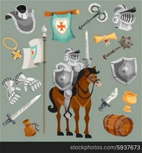 Knights armor fairy tale cartoon icons set isolated vector illustration. Knights Cartoon Set