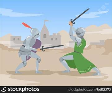 Knights duel with swords at ancient city. Brave medieval solders men people in heavy steel armor fighting. Flat vector illustration. Chivalry, antique history concept