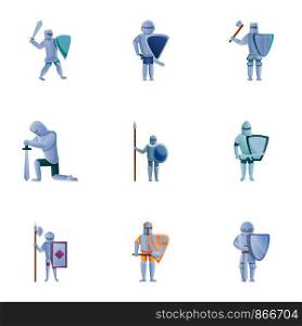 Knights icon set. Cartoon set of 9 knights vector icons for web design isolated on white background. Knights icon set, cartoon style