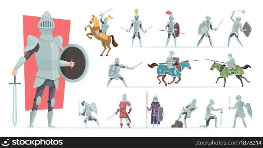 Knights. Medieval warriors in action poses armored knights vector characters in cartoon style. Medieval knight in armor, soldier in helmet, military chivalry. Knights. Medieval warriors in action poses armored knights vector characters in cartoon style