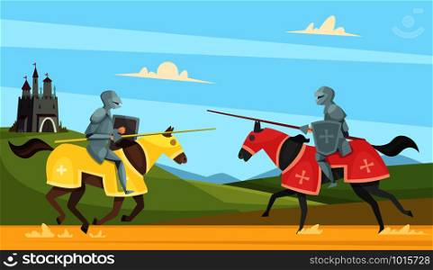 Knights tournament. Medieval chivalry prince in brutal armour helmet warriors on horse vector cartoon background. Chivalry warrior on horse, tournament medieval illustration. Knights tournament. Medieval chivalry prince in brutal armour helmet warriors on horse vector cartoon background