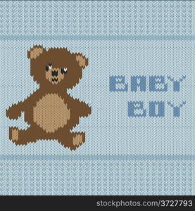 knitted baby boy shower announcement card, illustration in vector format