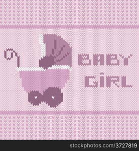 knitted baby girl shower announcement card, illustration in vector format