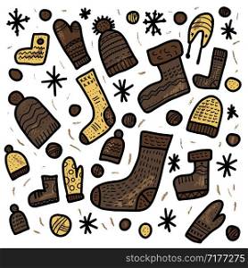 Knitted clothes collection. Warm socks, gloves, beanies set. Square conceptual vector illustration for poster.
