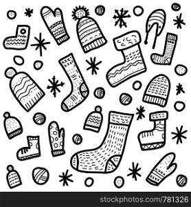 Knitted clothes collection. Warm socks, gloves, beanies set. Square conceptual vector illustration for poster.