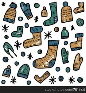 Knitted clothes. Warm socks, gloves, beanies set. Vector composition for poster.