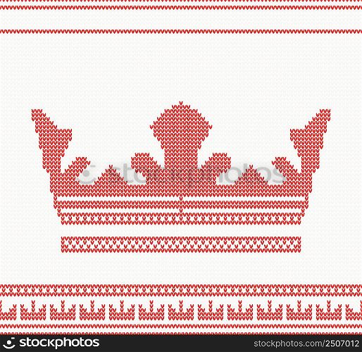 Knitted Crown Seamless Pattern in Red Color. Vector Illustration.