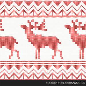 Knitted Deer Seamless Pattern in Red Color. Vector Illustration. Christmas concept for banner, placard, billboard or web site. New Year Card and Background.