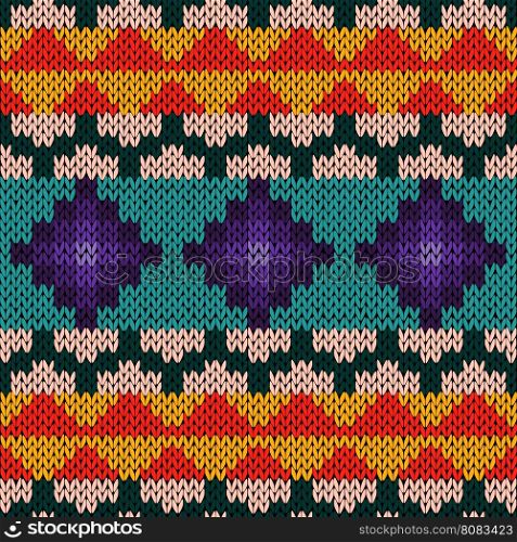 Knitted geometric background in red, orange, turquoise, pink and violet hues, seamless knitting vector pattern as a fabric texture