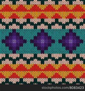 Knitted geometric background in red, orange, turquoise, pink and violet hues, seamless knitting vector pattern as a fabric texture