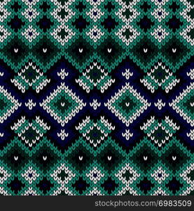 Knitted geometric ornate pattern in turquoise and blue hues, seamless vector as a fabric texture