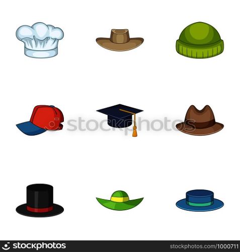 Knitted hat icons set. Cartoon set of 9 knitted hat vector icons for web isolated on white background. Knitted hat icons set, cartoon style